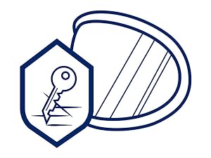 Sicherheits-Feature von Dräger Produkten Symbol eines Schlüssels auf einem Schild neben einem Spiegelsymbol.