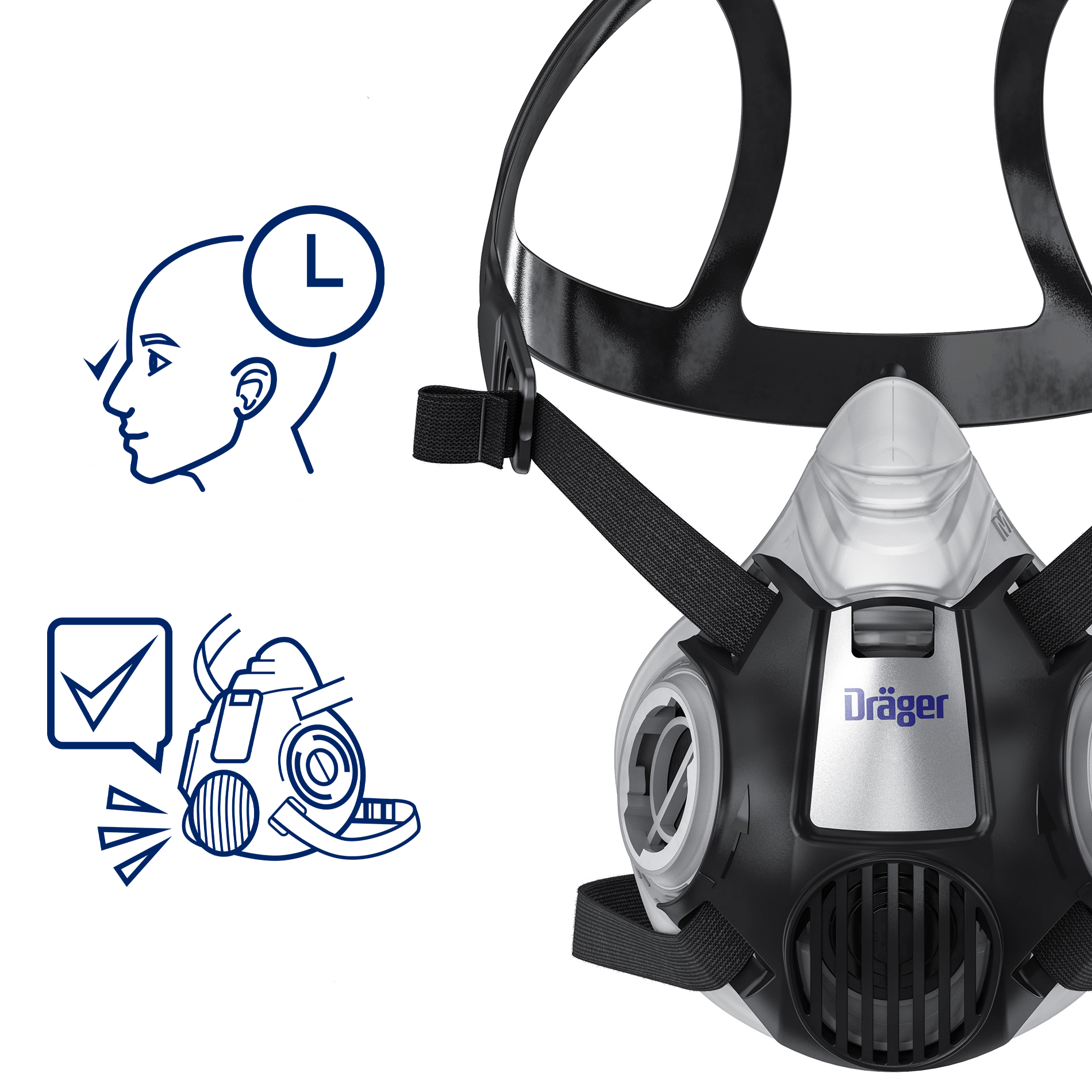 Dräger Atemschutzmaske mit Halterung und Komfortanzeige.