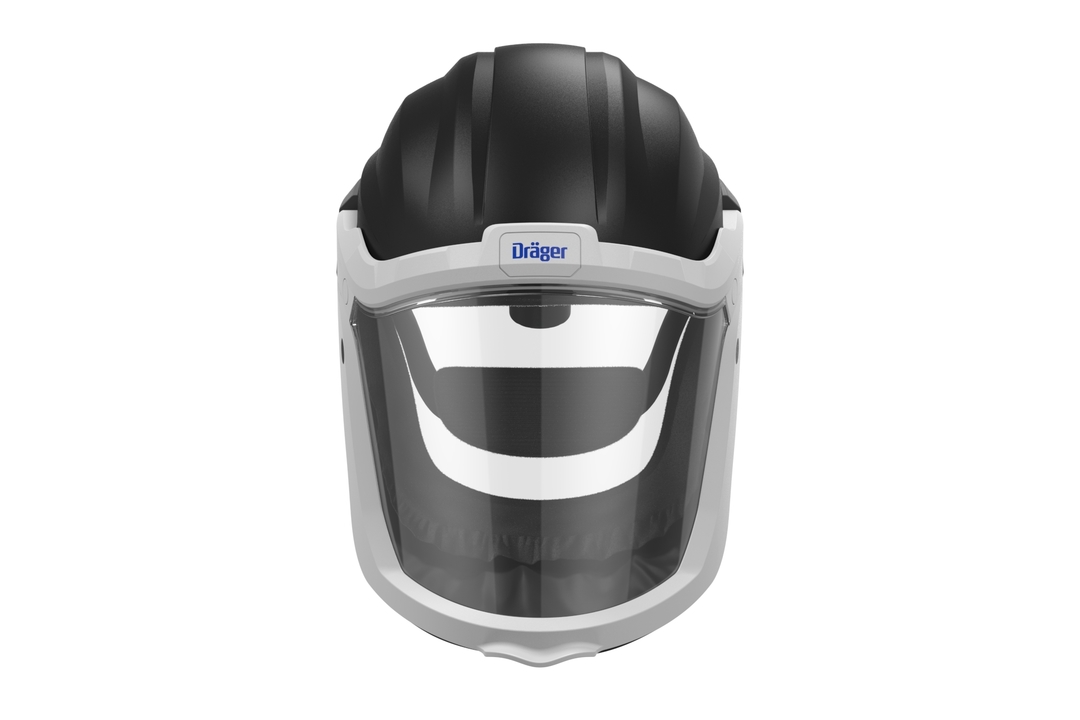 Dräger Schutzhelm Frontansicht Schwarzer Schutzhelm mit klarer Frontscheibe und Dräger-Logo.