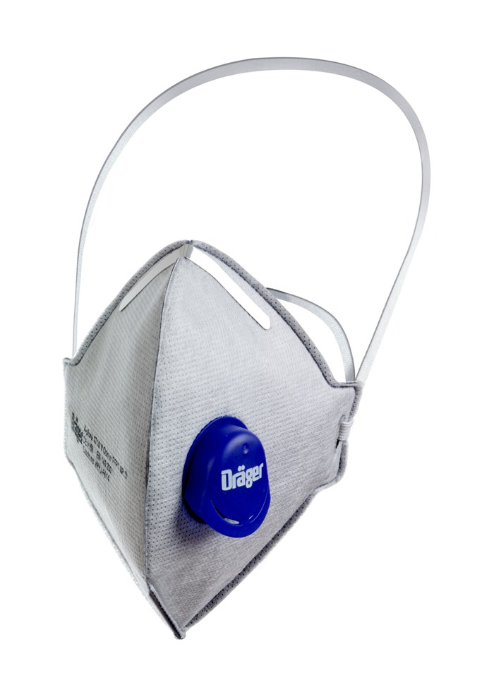 Dräger X-plore 1720V Atemschutzmaske FFP2 Graue FFP2-Atemschutzmaske mit Ventil und elastischen Bändern.