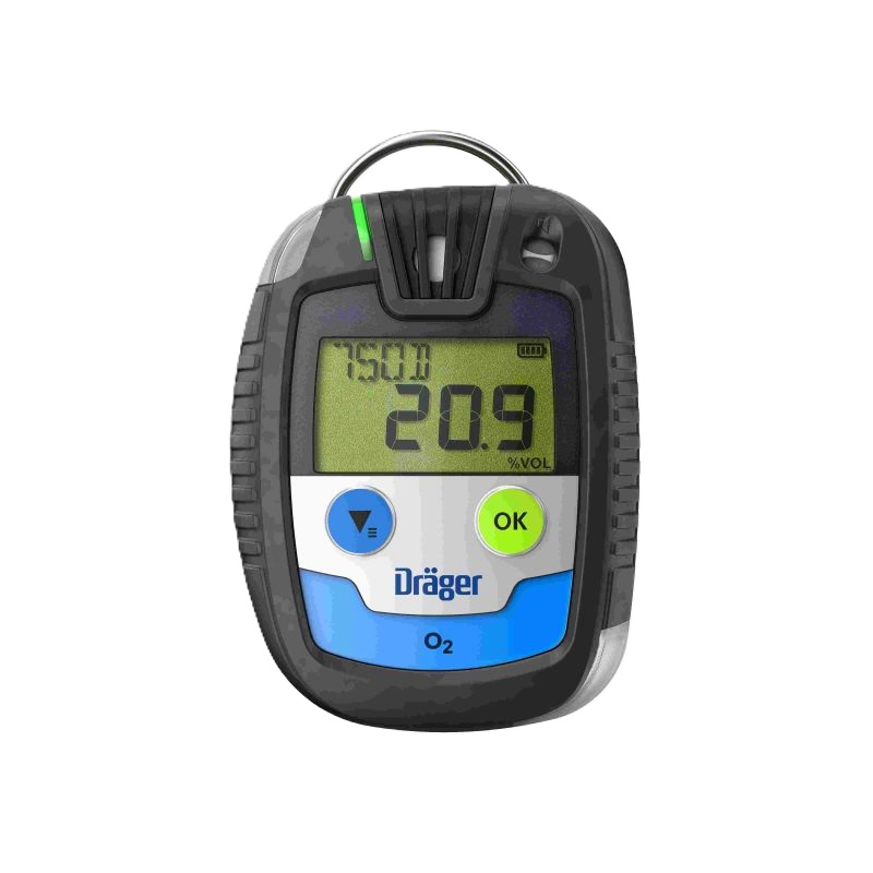 Dräger Gaswarngerät O2 Anzeige Tragbares Gaswarngerät zeigt 20.9 Vol% Sauerstoff an, mit Dräger Logo und OK-Button.