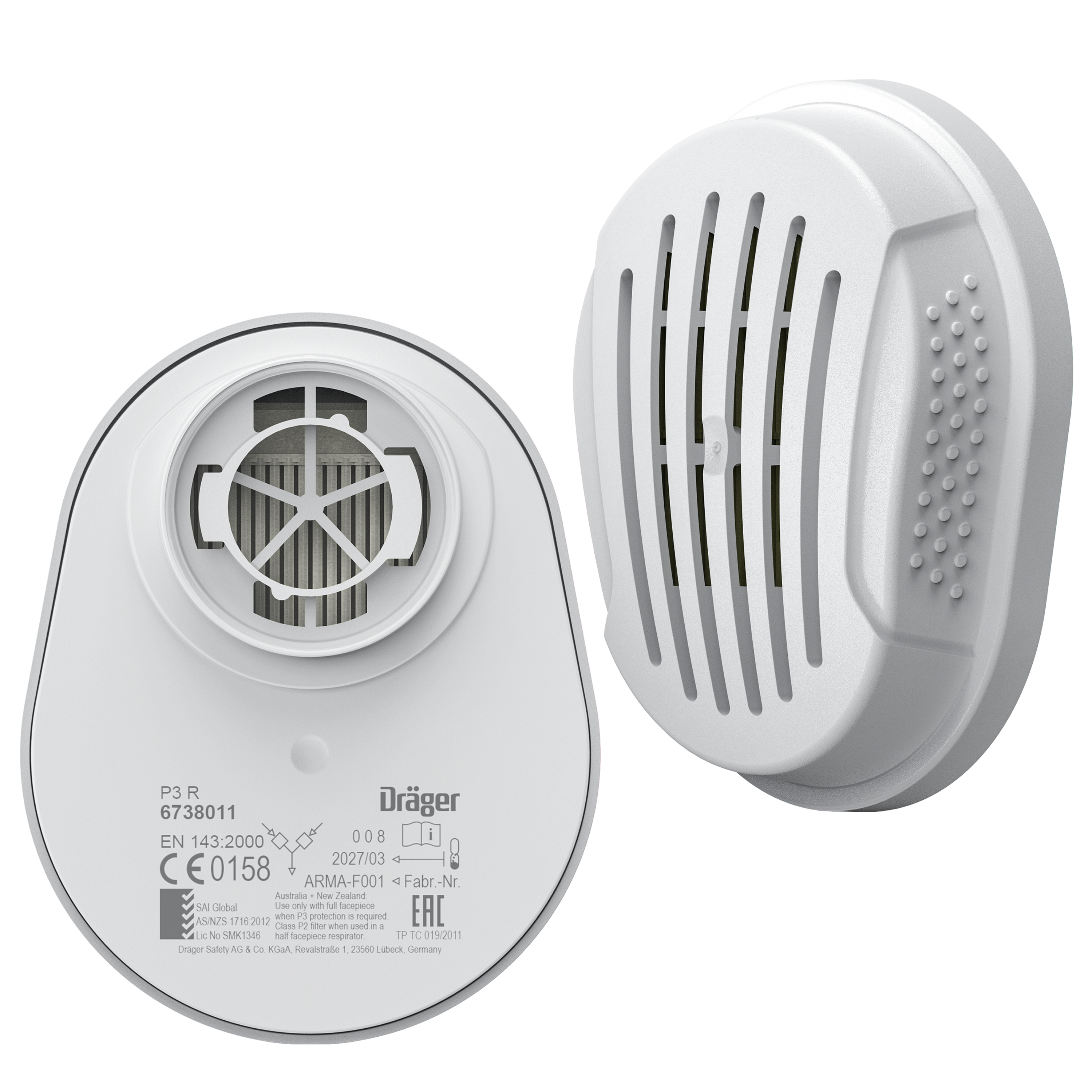 Zwei weiße P3 R Filter für Dräger X-plore 5500 Atemschutzmaske.