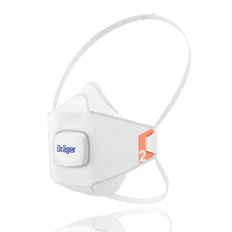 Dräger Atemschutzmaske X-plore 1920V Weiße Atemschutzmaske mit Dräger-Logo und orangefarbenem Clip.