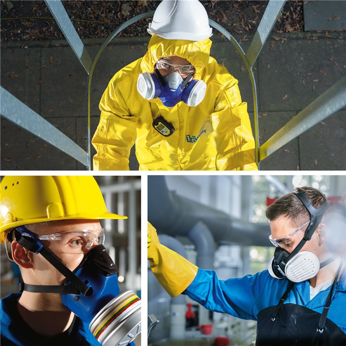Schutzmasken in Arbeitsumgebung Personen in Schutzkleidung mit Atemschutzmasken bei der Arbeit.