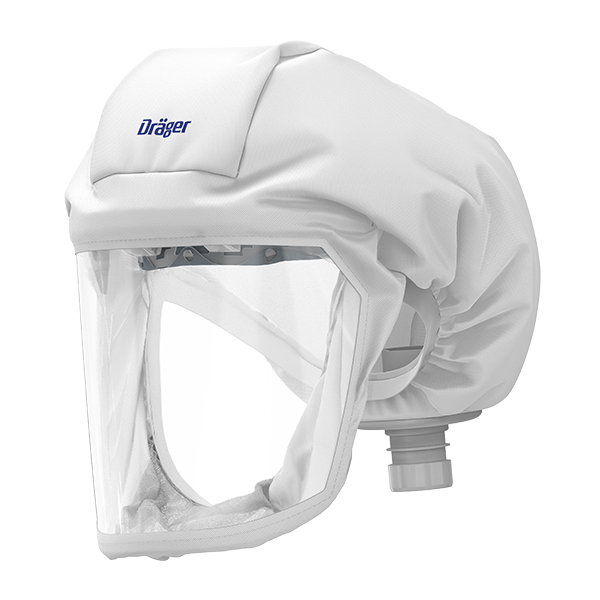 Dräger X-plore 8000 Kurze Haube Standard Weiße Schutzhaube mit Gesichtsschutz und Dräger Logo.