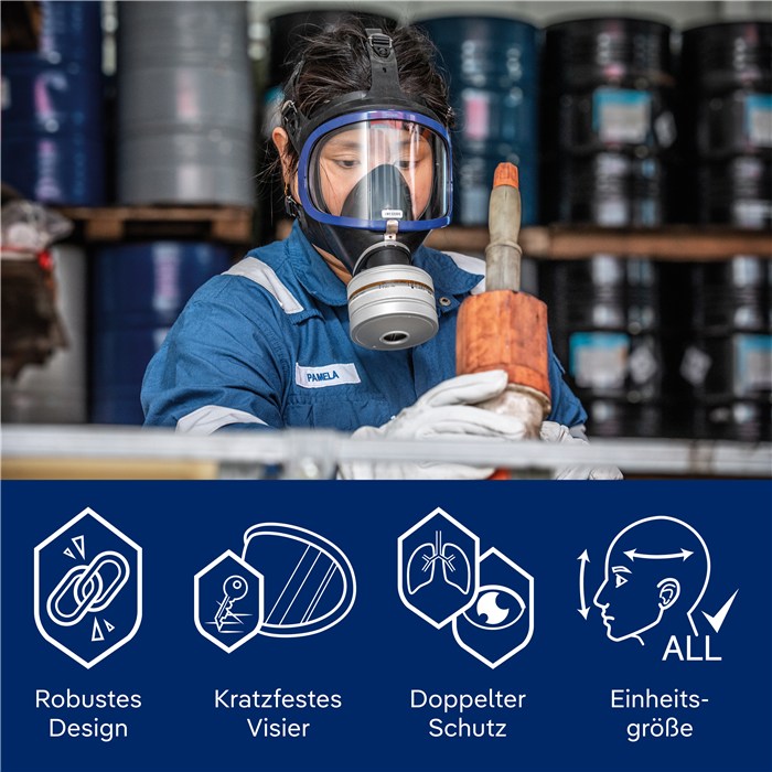Draeger X-plore 6300 Vollmaske Person trägt die Draeger X-plore 6300 Vollmaske in industrieller Umgebung. Icons erläutern Schutzmerkmale der Maske.