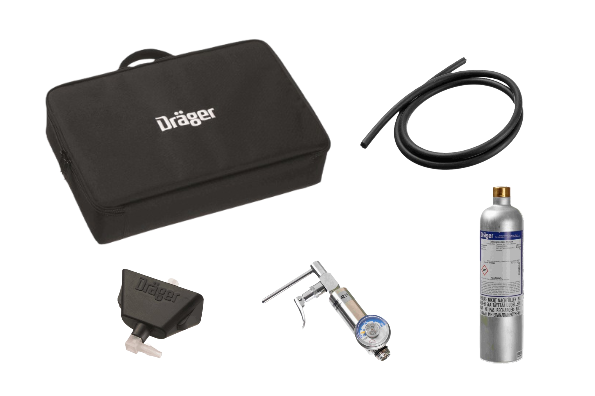 Schwarze Tasche, Schlauch, Gasflasche und Messgerät.