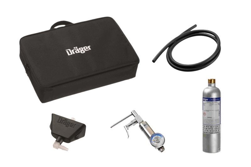Dräger Sicherheitstechnik Set Schwarze Tasche, Schlauch, Gasflasche und Messgerät.