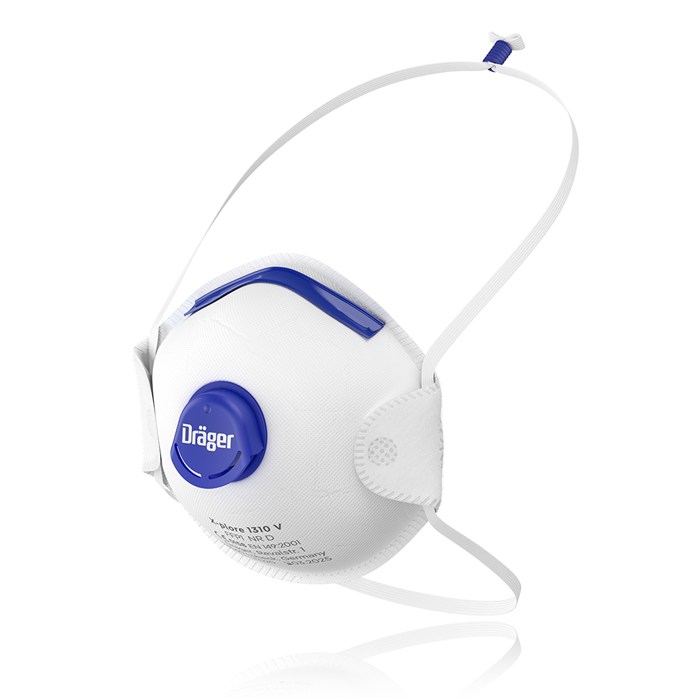 Dräger X-plore 1310V Atemschutzmaske Weiße Atemschutzmaske mit blauer Dräger-Logo-Klappe.
