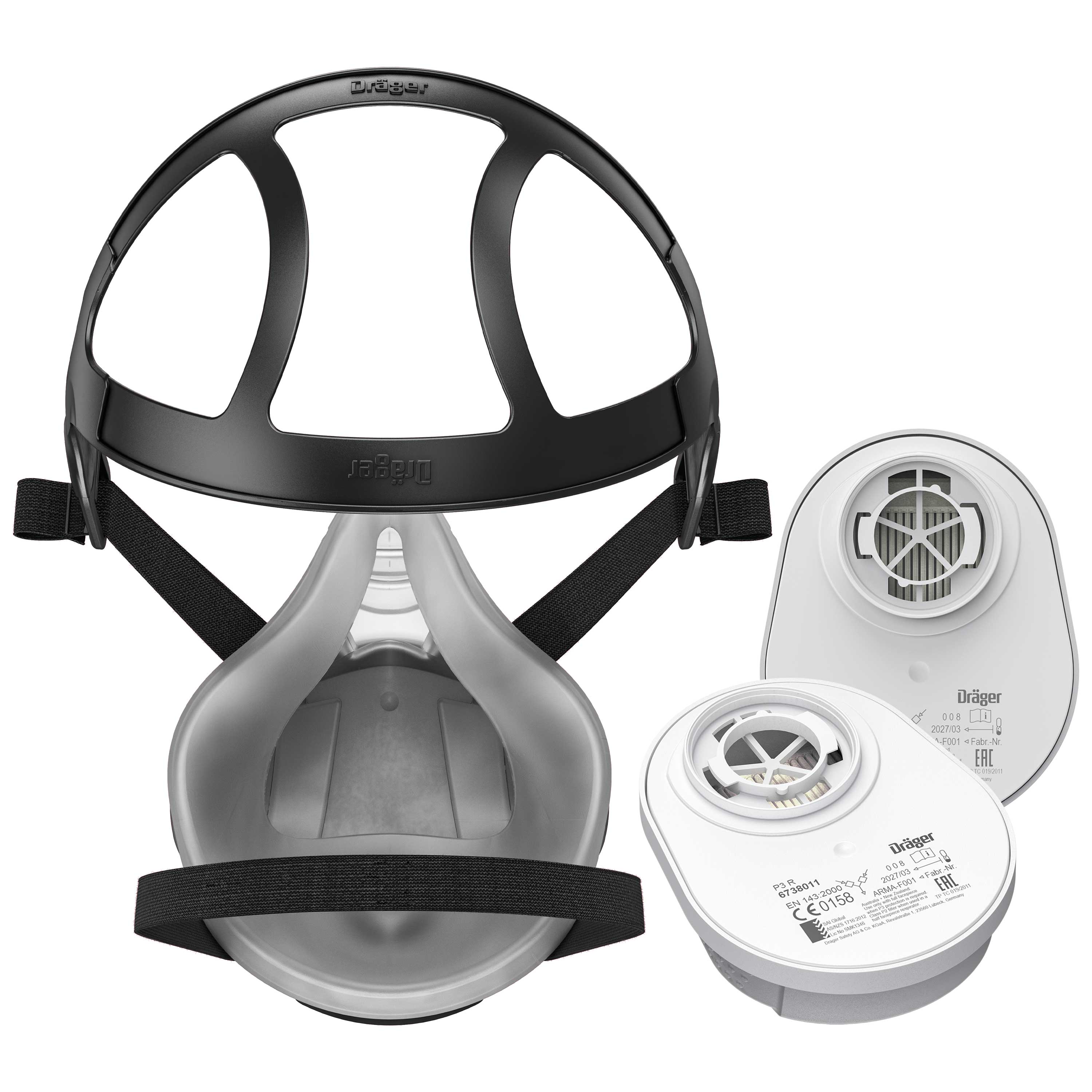Halbmaske mit Kopfgurt und zwei P3 Partikelfiltern von Dräger.