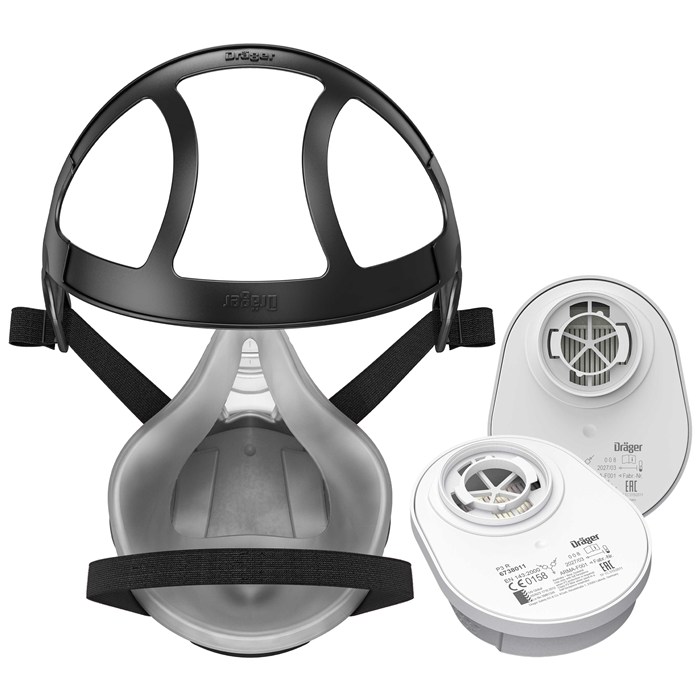 Dräger X-plore 3300 Halbmaske mit P3 Filter Halbmaske mit Kopfgurt und zwei P3 Partikelfiltern von Dräger.