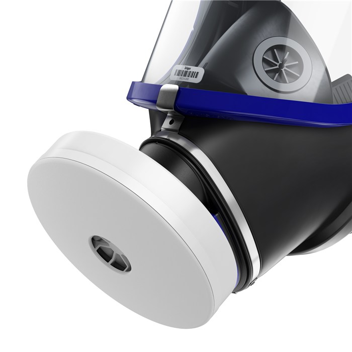 Dräger Rd40 Filter P3 – Detailansicht Detailaufnahme eines Atemschutzgeräts mit weißem Filter.