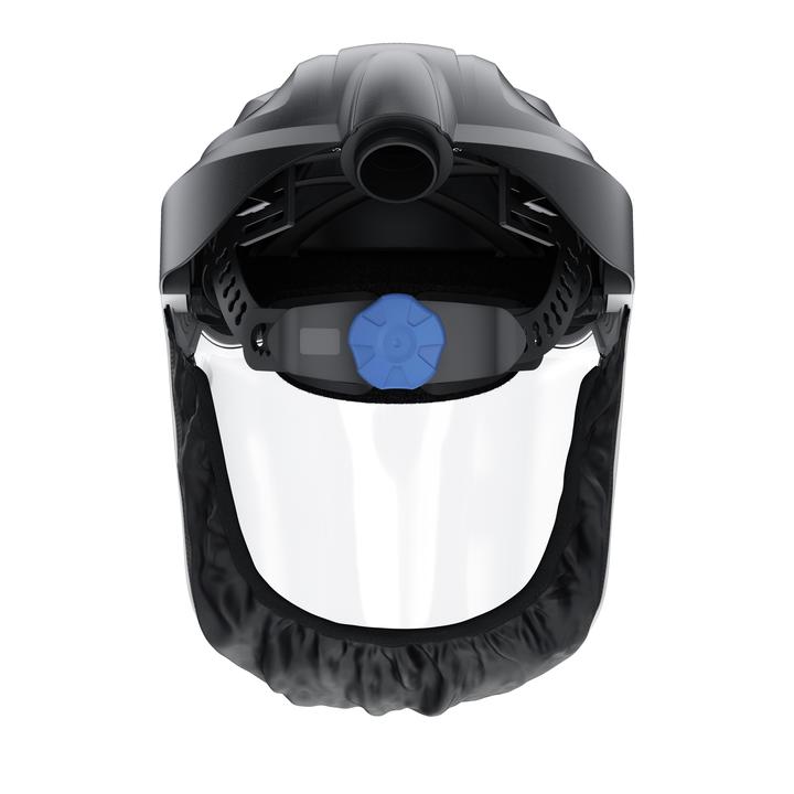 Schutzhelm mit Visier von Dräger Schwarzer Schutzhelm mit integriertem transparentem Visier und blauer Einstellschraube.