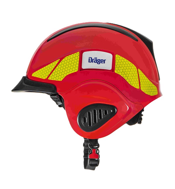 Roter Feuerwehrhelm mit gelben Reflexstreifen von Dräger.