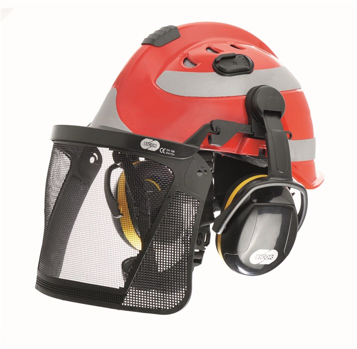 Schutzhelm mit Visier und Gehörschutz Roter Schutzhelm mit klappbarem Visier und Ohrschützern.