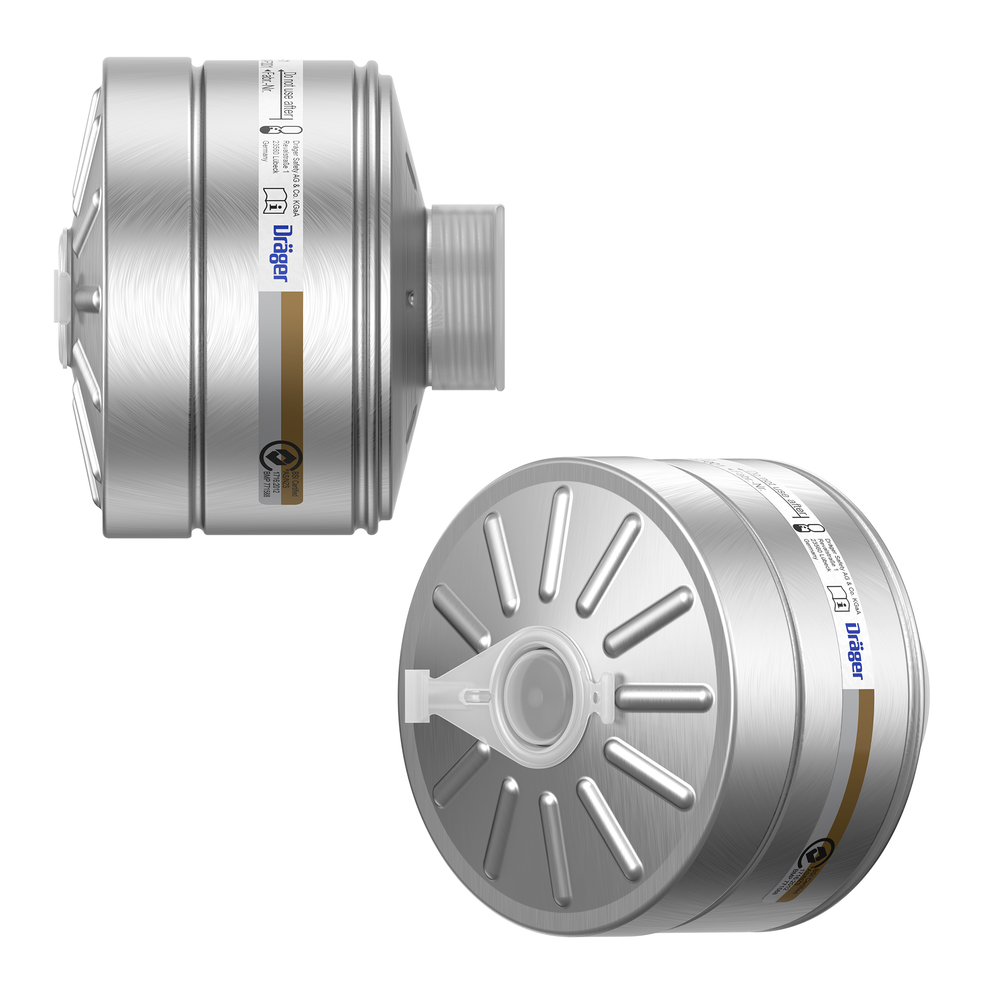 Zwei silberne Dräger-Gasfilter Rd40 A2B2, Vorder- und Seitenansicht.