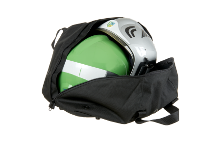 Helmtasche für sicheres Verstauen Schwarze Tasche mit geöffnetem Reißverschluss, darin grüner Feuerwehrhelm.