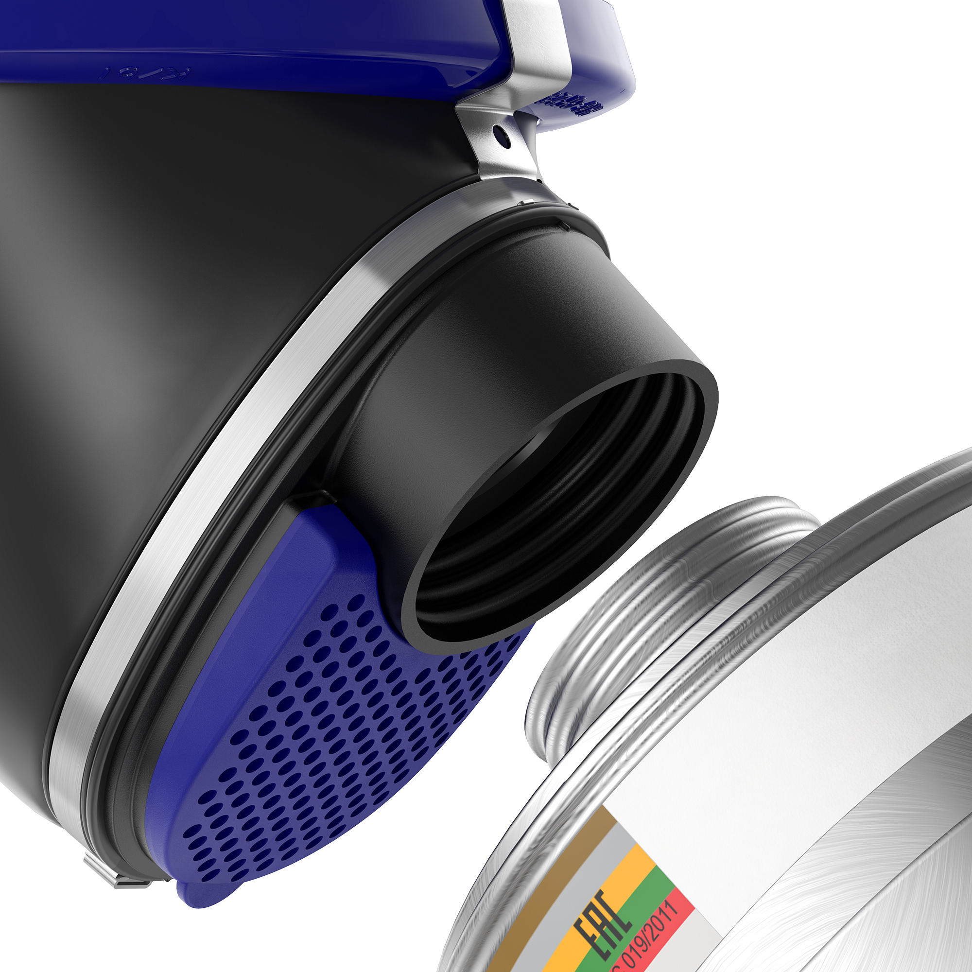 Nahaufnahme eines Dräger Rd40-Filters und Atemschutzanschlusses.