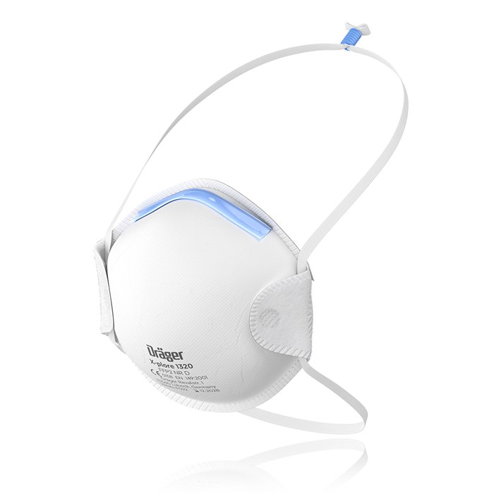 Atemschutzmaske Dräger X-plore 1320 Weiße Atemschutzmaske mit blauer Nasenpolsterung, zwei elastischen Bändern und seitlicher Ansicht.