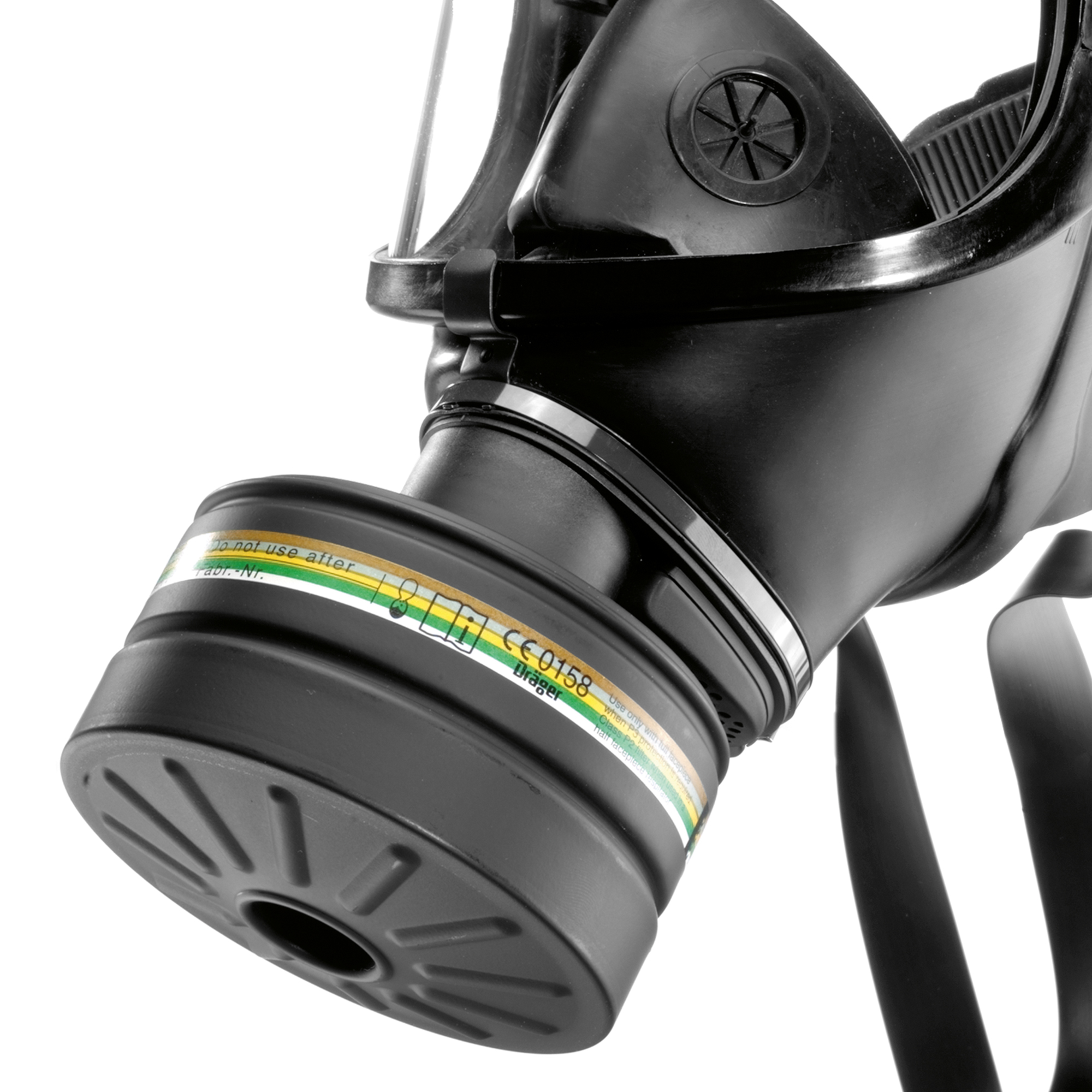 Nahaufnahme eines Dräger Gasfilters Rd40 A2B2E2K2 P3 NBC an einer Atemschutzmaske.
