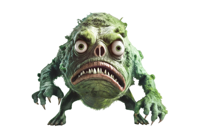 Schimmel-Sporus Produktdarstellung Grüner Cartoon-Charakter mit großen Augen und Zähnen