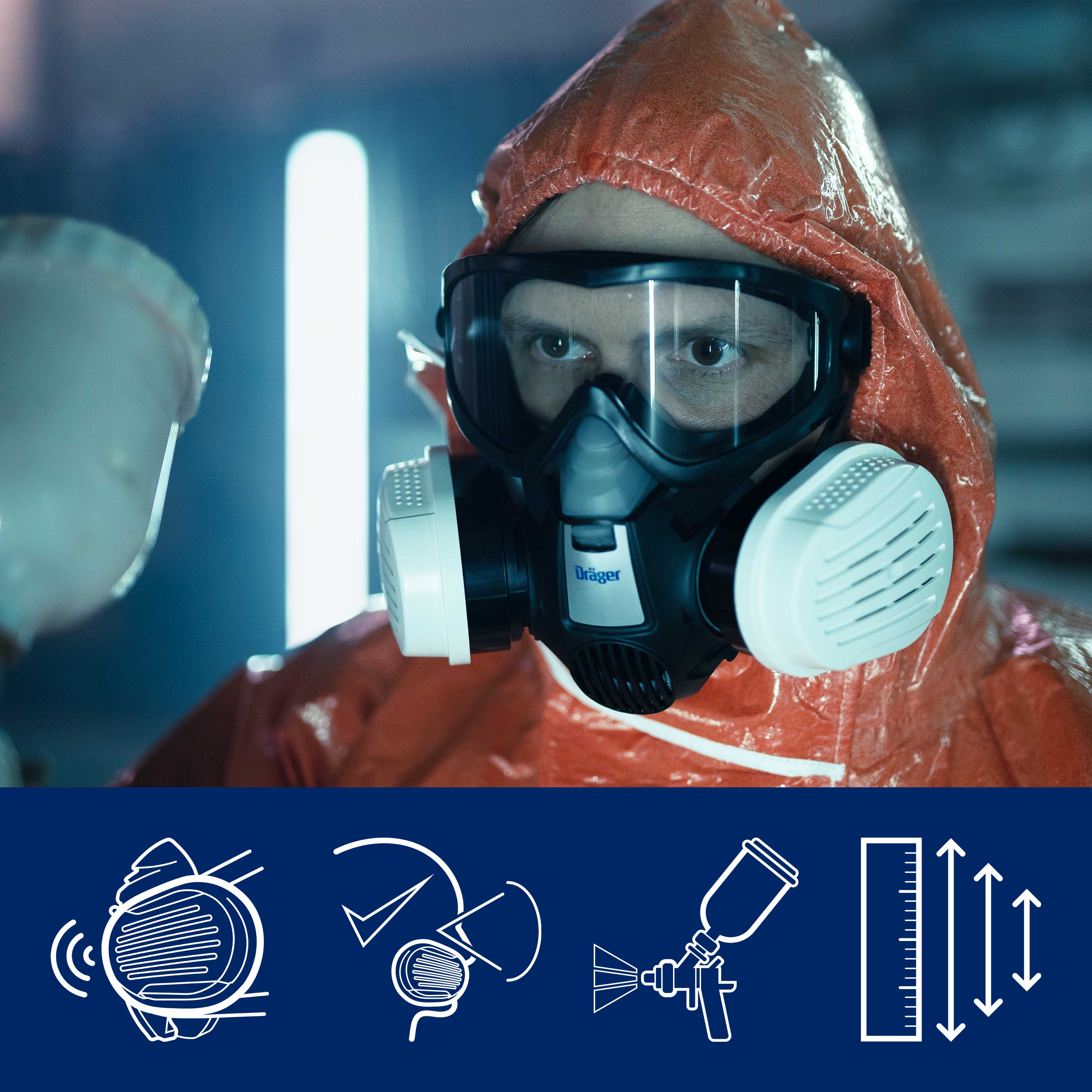 Halbmaske X-plore 3300 mit A2P3 Filtern, getragen mit Schutzanzug.