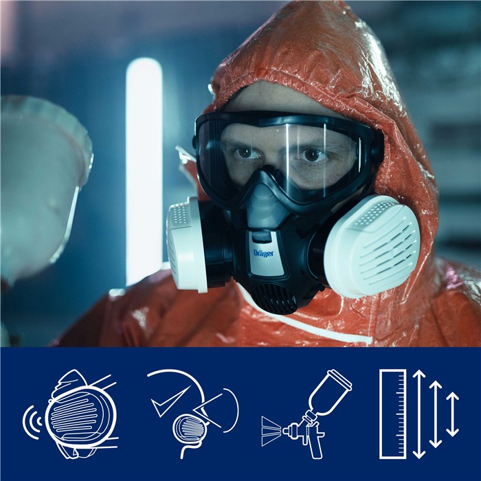 Dräger X-plore 3300 Halbmaske Einsatz Halbmaske X-plore 3300 mit A2P3 Filtern, getragen mit Schutzanzug.