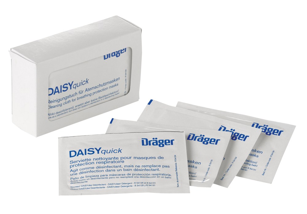 DAISY Quick Reinigungstücher von Dräger Vier Reinigungstücher und Verpackung der Dräger DaisyQuick für Atemschutzmasken.