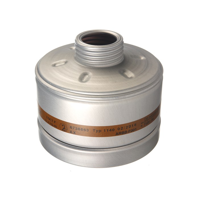 Dräger Rd40 AX Filter Silberner Atemschutzfilter mit braunem Streifen und Anschlussgewinde.