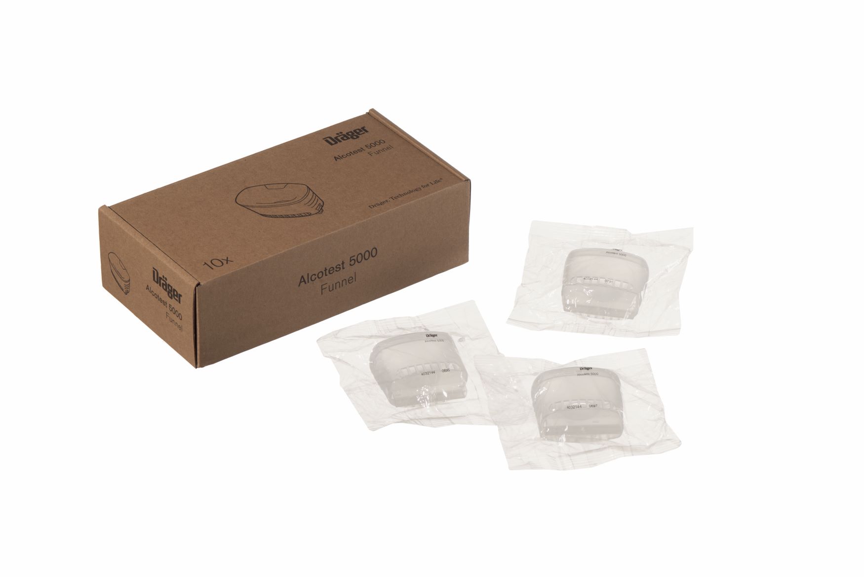 Dräger Trichterverpackung A5000 Drei verpackte Trichter neben einer Dräger Kartonbox.