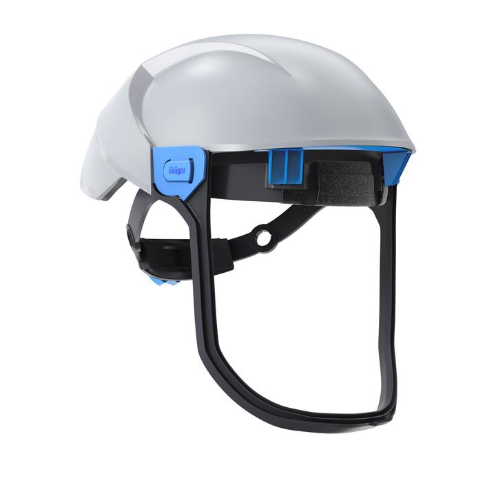 Kopf- und Gesichtsschutz Dräger Schutzhelm mit Gesichtsschutz und blauem Dräger-Logo.