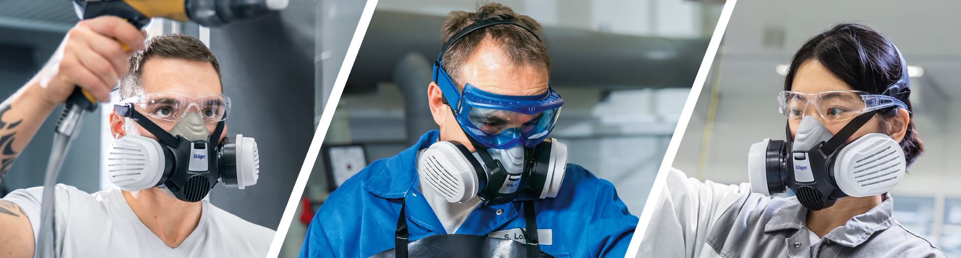 Schutzmasken im Arbeitsumfeld Drei Personen tragen Atemschutzmasken während der Arbeit.