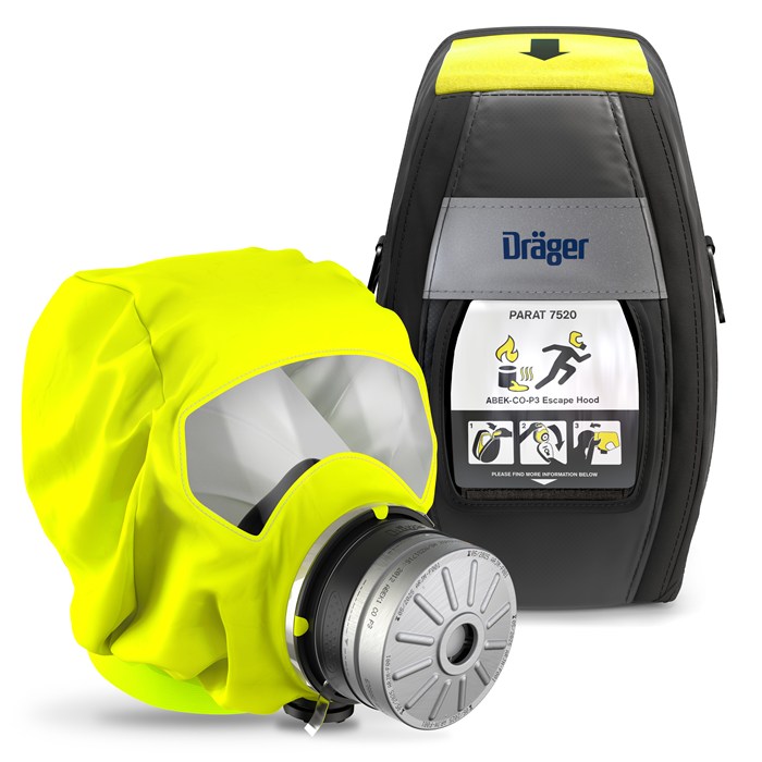 Dräger PARAT 7520 Fluchtmaske Gelbe Fluchtmaske mit Filter und dazugehörige Tragetasche.