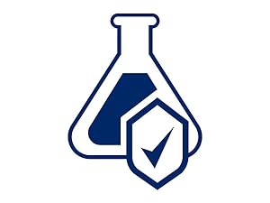 Sicherheitstechnik für Chemieanwendungen Symbol eines Erlenmeyerkolbens mit Schutzschild und Haken.
