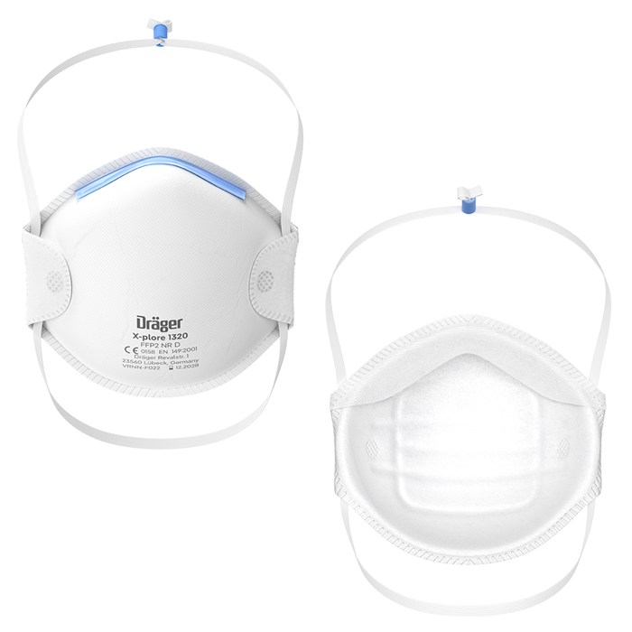 Dräger X-plore 1320 Atemschutzmaske Zwei Ansichten der Dräger X-plore 1320 Atemschutzmaske mit blauer Ventilabdeckung und elastischen Haltebändern.