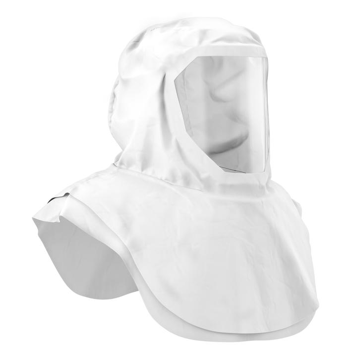 Schutzhaube für Atemschutzmaske Weiße Schutzhaube für Atemschutzmaske mit Sichtfenster.