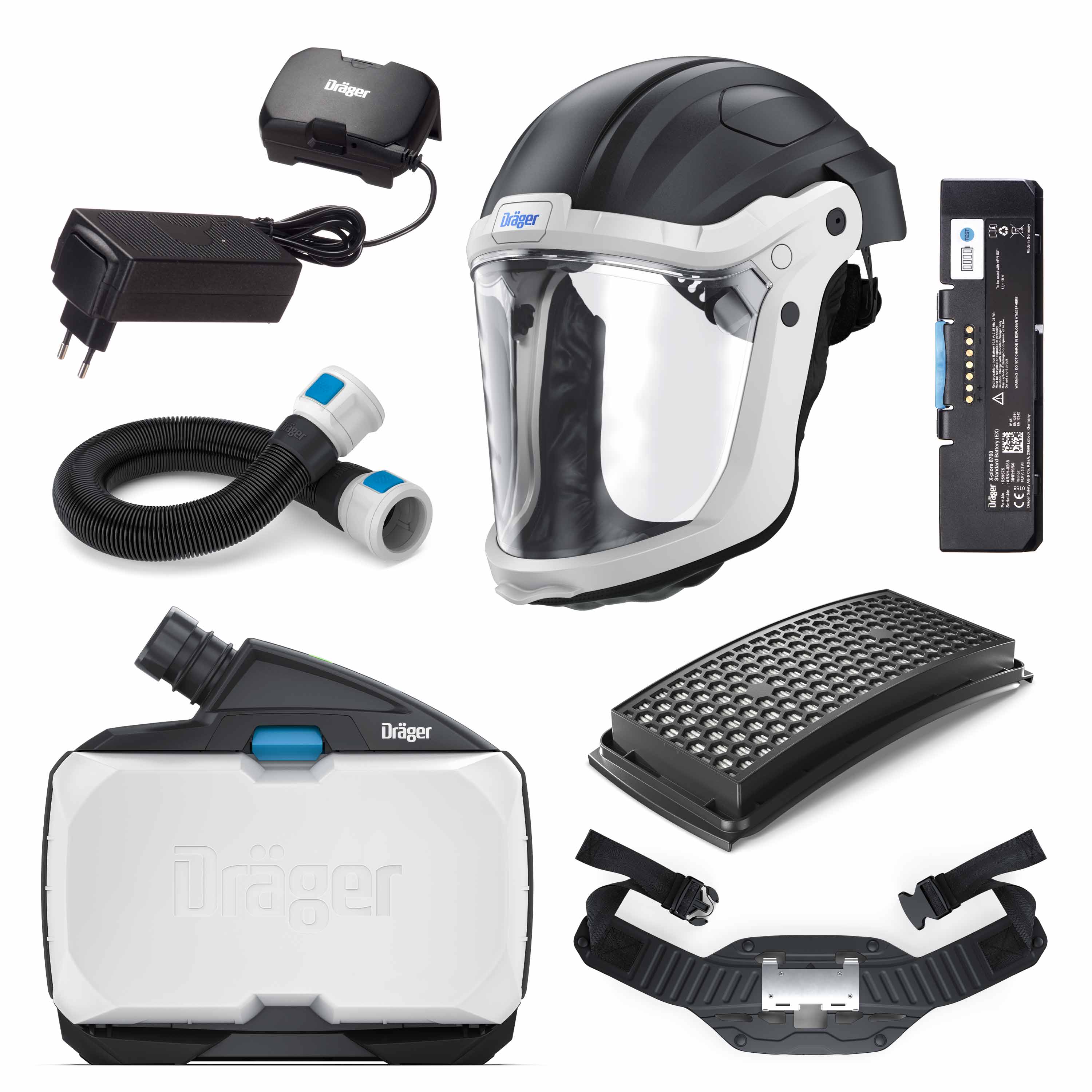 Dräger Staubarbeitenset X-plore 8000 Komplettset mit Helm, Filtersystem und Zubehörteilen.