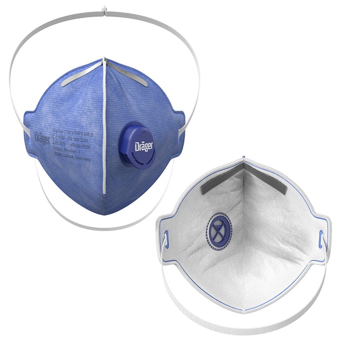 Atemschutzmaske Dräger X-plore 1710 V Blaue Atemschutzmaske mit Ventil, Vorder- und Rückansicht.