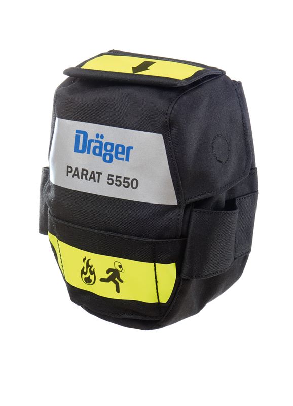 Dräger Parat 5550 Brandschutzhaube Brandschutzhaube in schwarzer Tasche mit gelben Warnsymbolen.