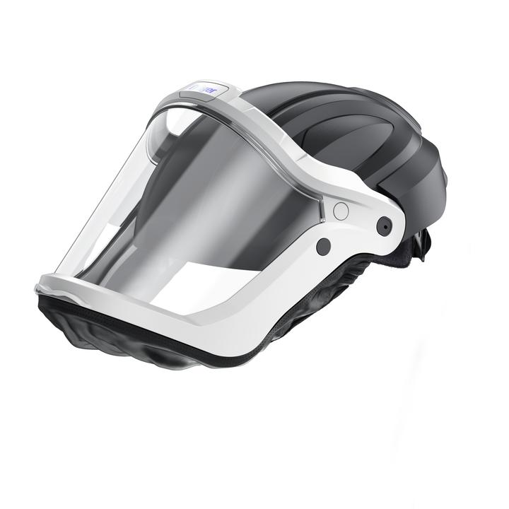 Schutzhelm mit Visier für Sicherheitstechnik Ein Schutzhelm mit transparentem Visier und schwarzem Kopfteil für Sicherheitstechnik.