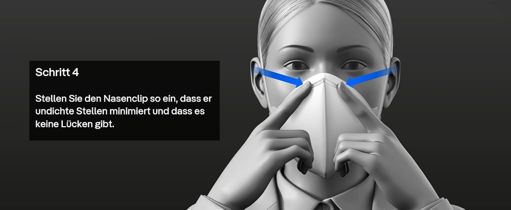 Schritt 4: Staubmaske korrekt anlegen Anleitung zur Anpassung des Nasenclips einer Staubmaske.