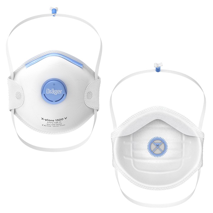 Schutzmaske Dräger X-plore 1320V Zwei Schutzmasken mit Ventil, Vorder- und Rückansicht.