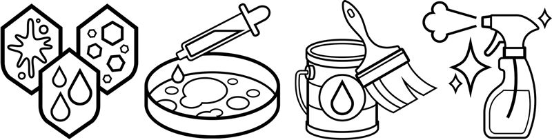 Symbole für Chemikalienbeständigkeit Vier Icons: Schutzschild, Pipette, Farbtopf, Sprühflasche mit Sternen.