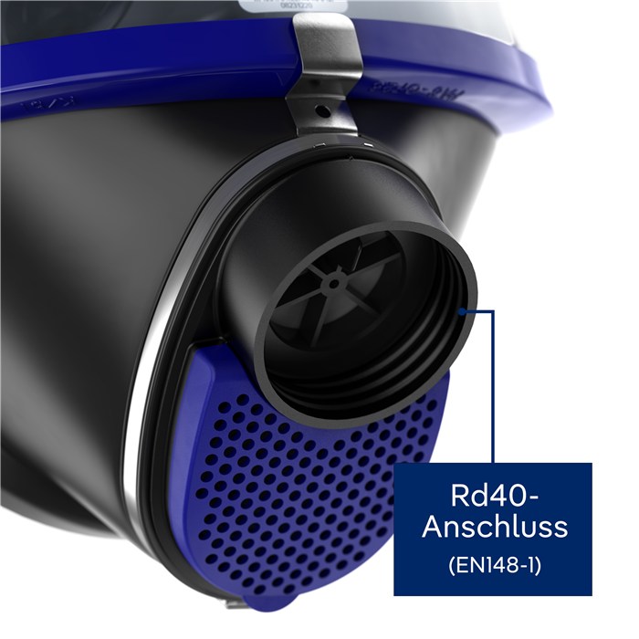 Dräger X-plore 6300 Vollmaske Detailansicht Nahaufnahme des Rd40-Anschlusses der Dräger X-plore 6300 Vollmaske.