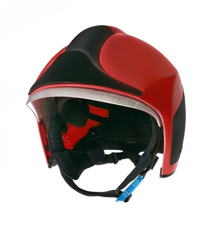 Roter Dräger Feuerwehrhelm HPS 7000, Innenpolster sichtbar.