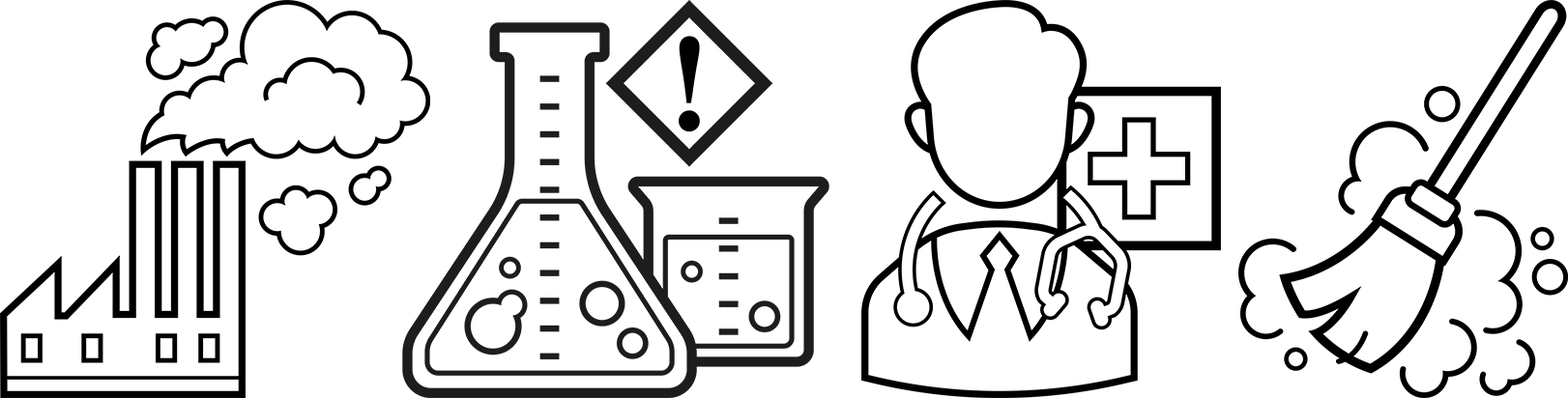 Symbolische Darstellung: Fabrik, Chemie, medizinische und Reinigungsszene.