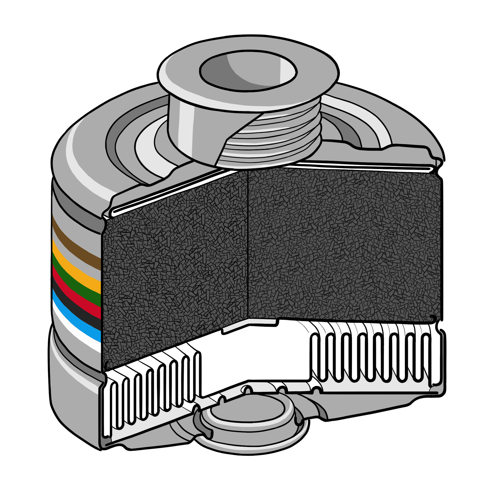 Schnittansicht eines Dräger Rd40 Filters mit Mehrbereichsschutzstreifen.