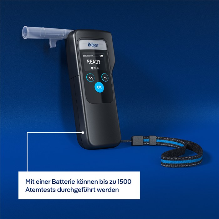 Dräger Alcotest 6000 – Atemalkoholmessgerät Das Produkt Dräger Alcotest 6000 mit Mundstück und Handgelenkband.