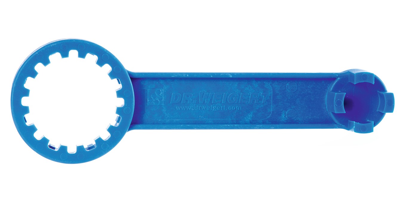Ein blauer, rechteckiger Schlüssel mit gezahnten Enden.