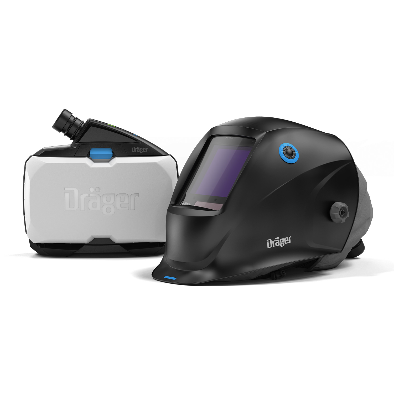 Dräger Schweißerhelm und Luftfiltergerät Schwarzer Dräger Schweißerhelm mit integriertem Sichtschutz daneben ein weißes Luftfiltergerät.